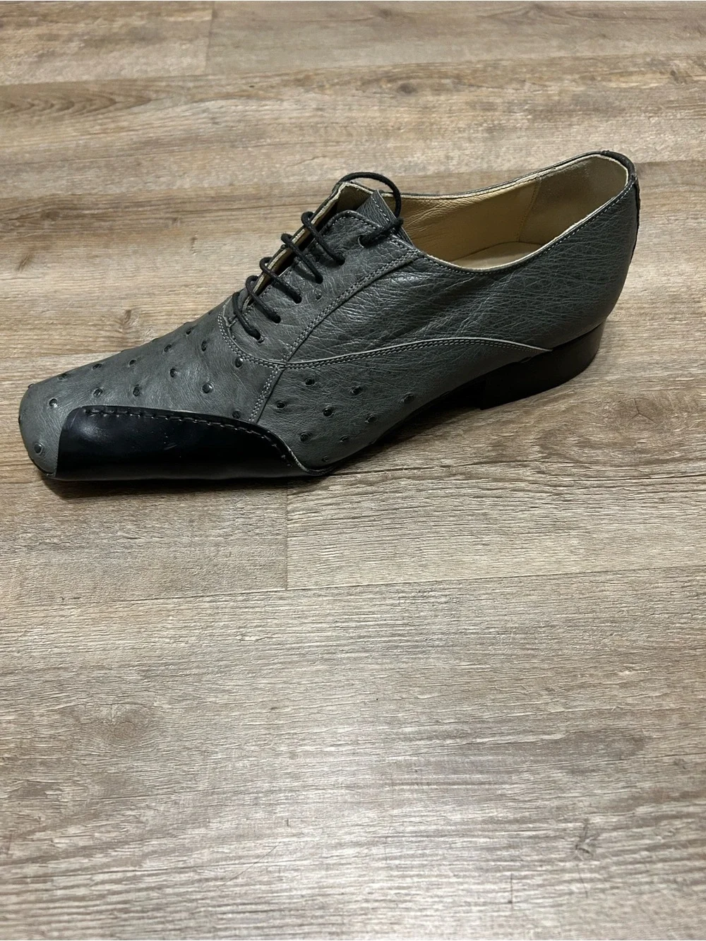 Tullio Men's Size 8 Grey Genuine Ostrich Lace-Up Derby Leather Shoes Italy